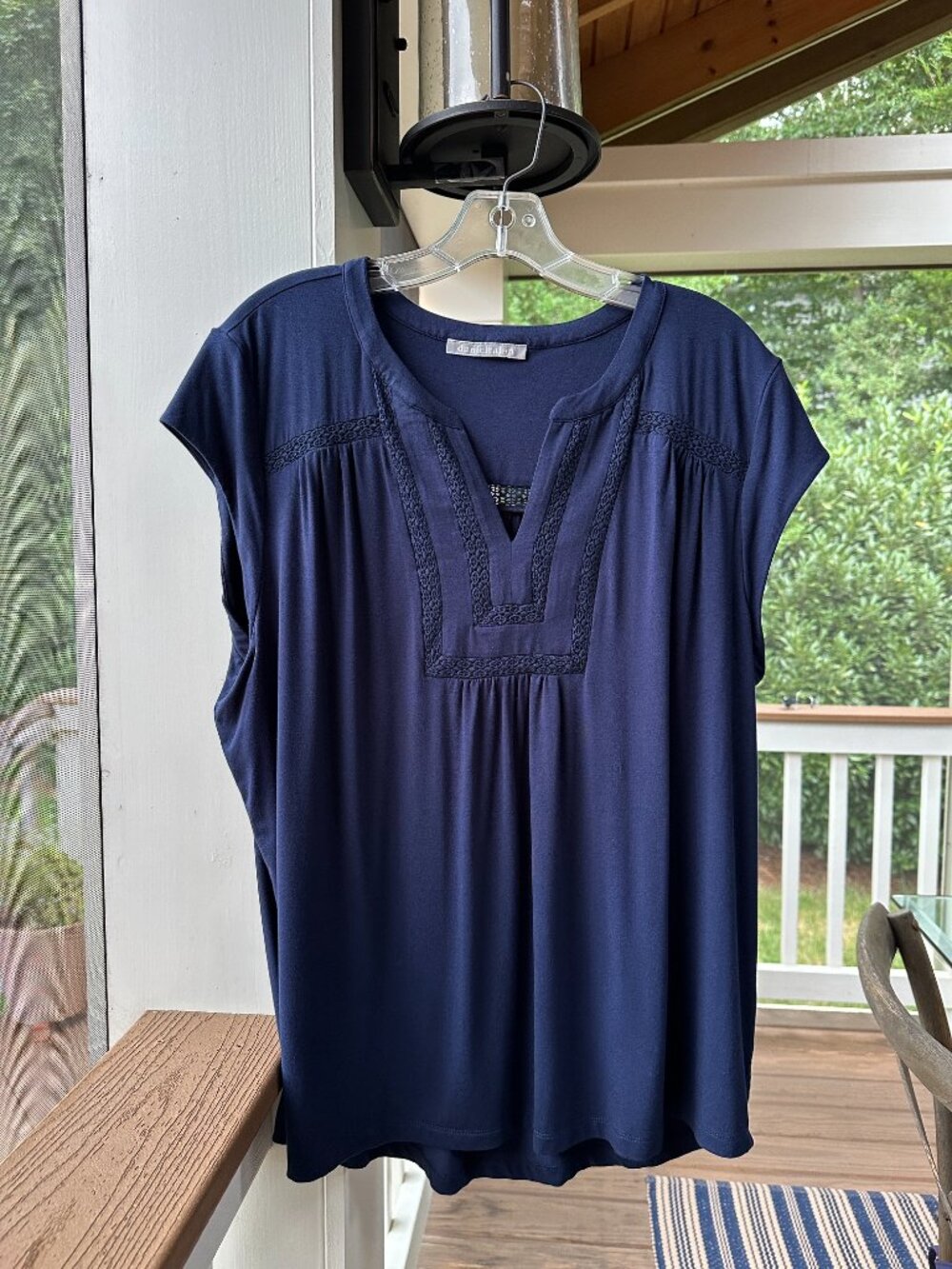 Daniel Rainn Navy Blue Split V Neckline Short Cap Sleeves Blouse Top Size  L
